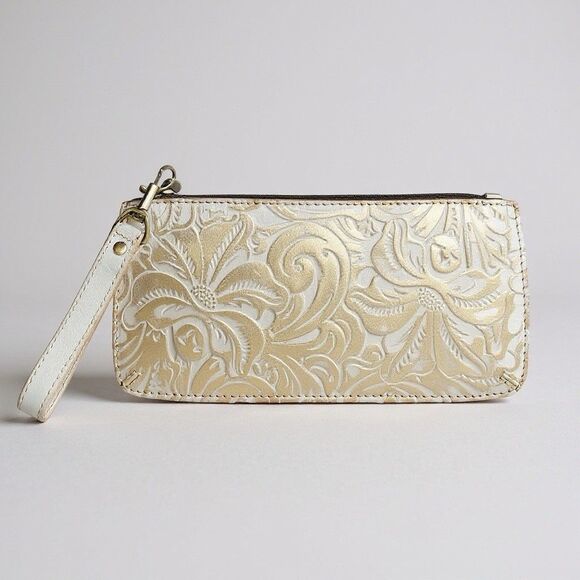 Patricia Nash Wristlet Wallet 9.5x4.5” White Embossed Leather Gold Floral - Picture 1 of 8